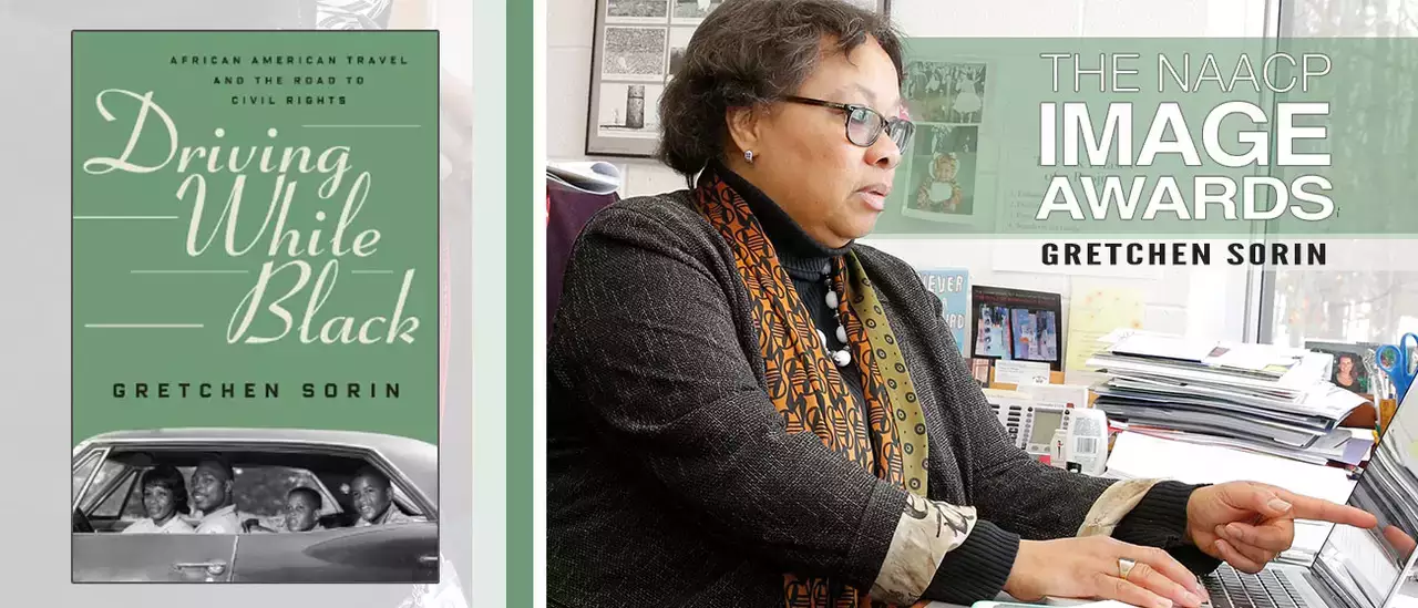 Driving While Black book cover, Gretchen Sorin '82 at laptop