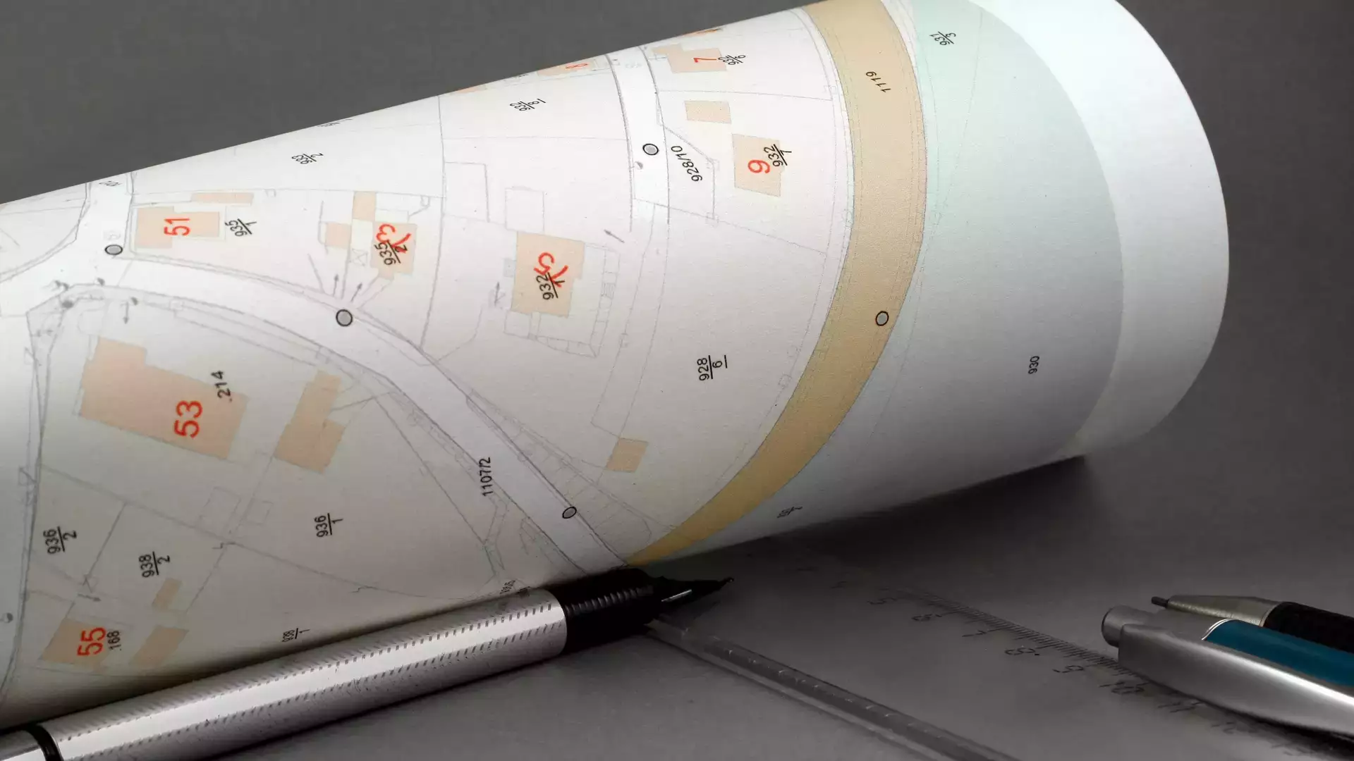 Rolled up map on a desk with a ruler and pens/pencils