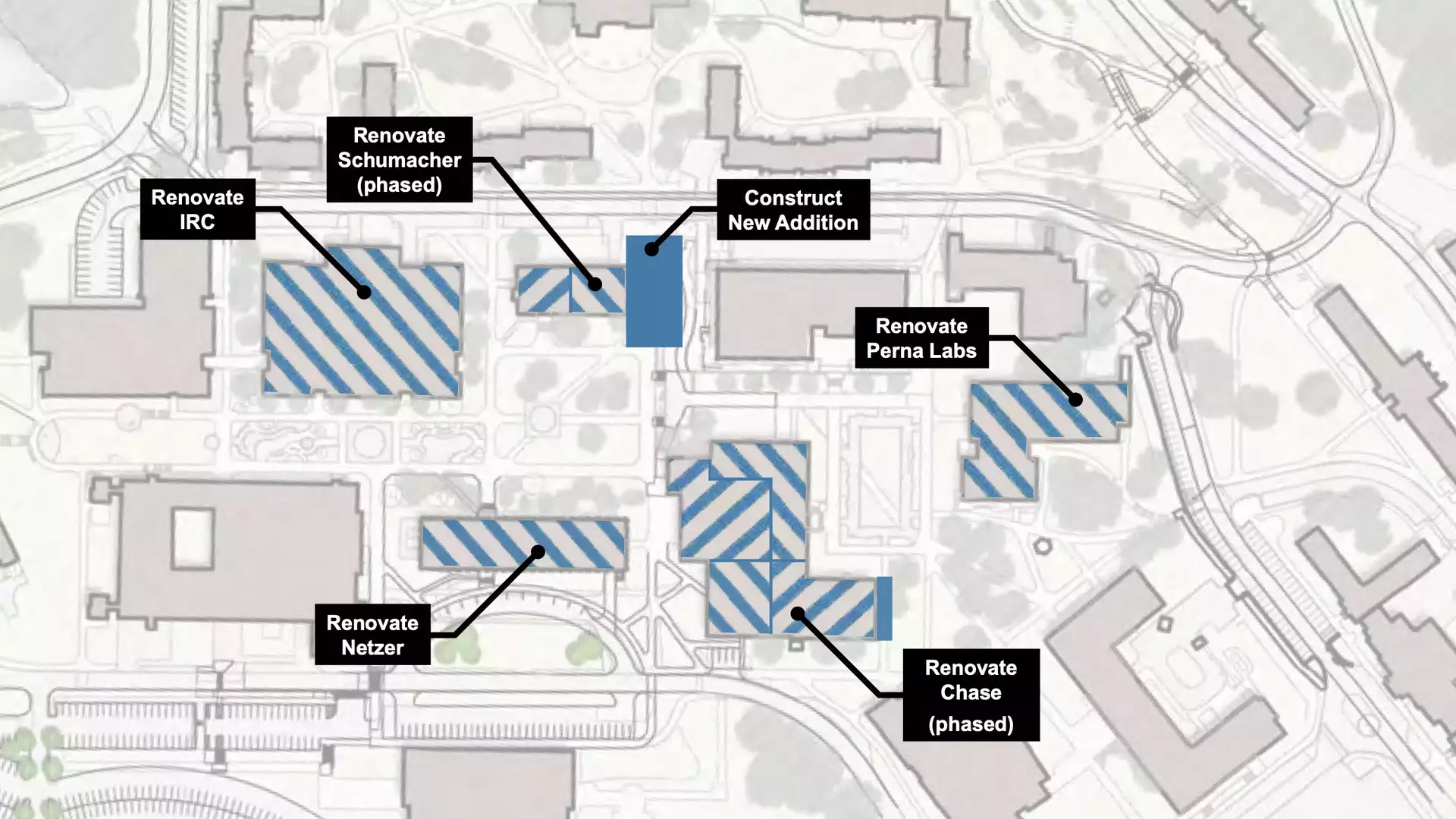 image from master plan depicting buildings recommended for renovations, including IRC, Netzer, Schumacher, Perna Labs and Chase.