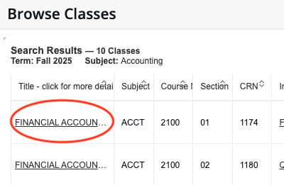 Browser Classes screenshot with course title highlighted in red